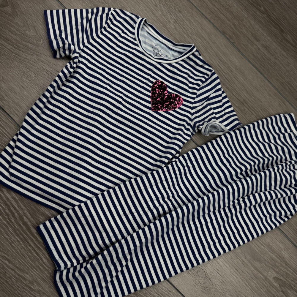 Egg New York Girls Pajama Set Striped Sequin Heart Navy White 5 Years